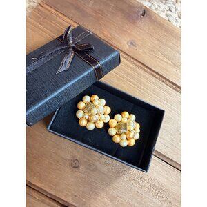 Vintage Gold & Cream Beaded Clip-On Earrings With Rhinestone Details In Gift Box